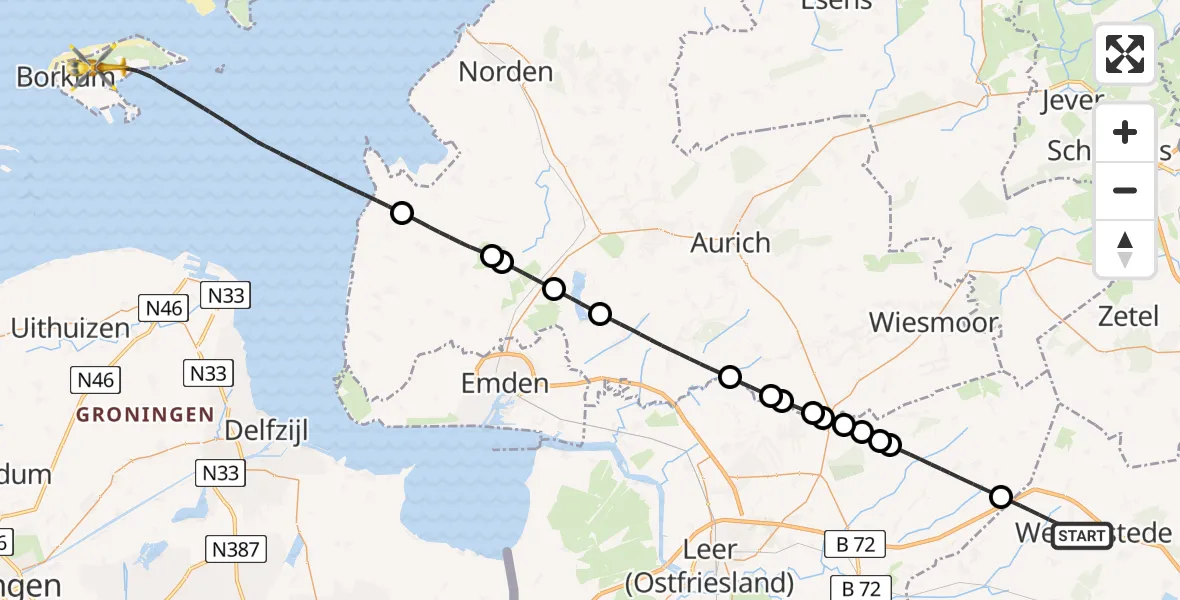 Flugroute Ambulanzhubschrauber Westerstede - Borkum Flughafen, 29 Mai 2026, 08:33