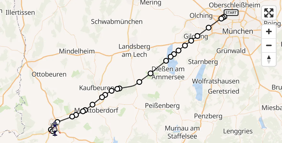 Flugroute Polizeihubschrauber München - Kempten-Durach Flugplatz, 29 Mai 2026, 08:34