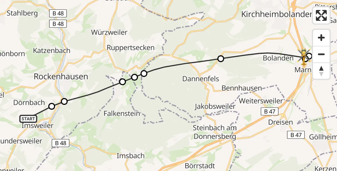 Flugroute Rettungshubschrauber Imsweiler UL - Bolanden, 29 Mai 2026, 08:43