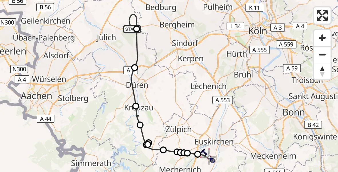 Flugroute Polizeihubschrauber Titz - Euskirchen, 29 Mai 2026, 08:47