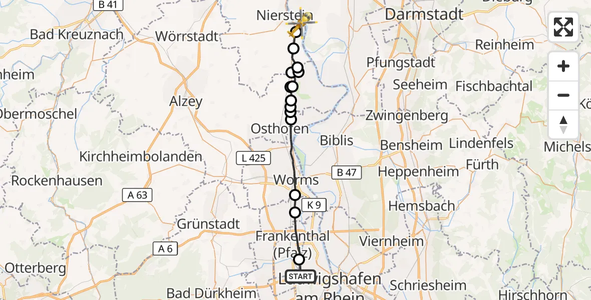 Flugroute Rettungshubschrauber Ludwigshafen am Rhein - Oppenheim, 29 Mai 2026, 08:47