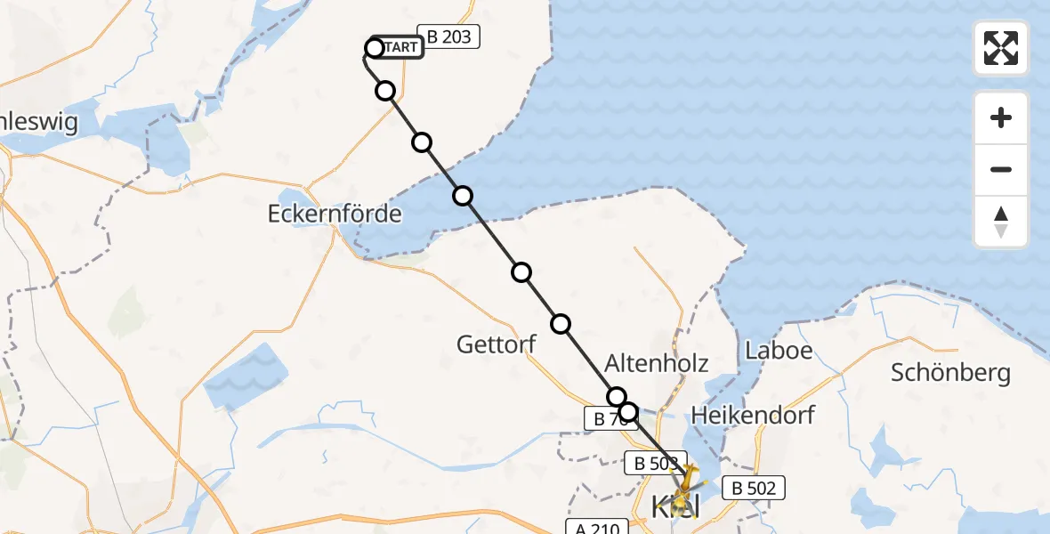 Flugroute Ambulanzhubschrauber Holzdorf - Kiel, 29 Mai 2026, 08:47