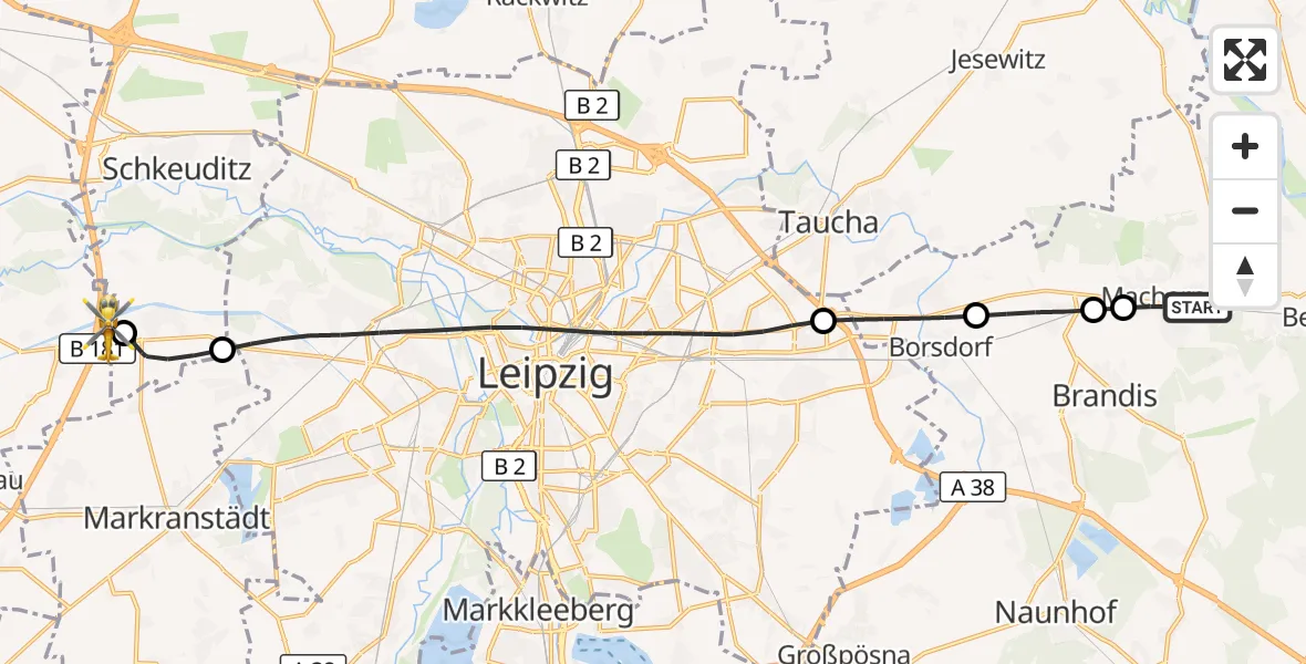 Flugroute Rettungshubschrauber Machern - ADAC Air Rescue Station Leipzig/Schkeuditz-Dölzig Hubschrauberlandeplatz (Christoph 61), 29 Mai 2026, 08:48