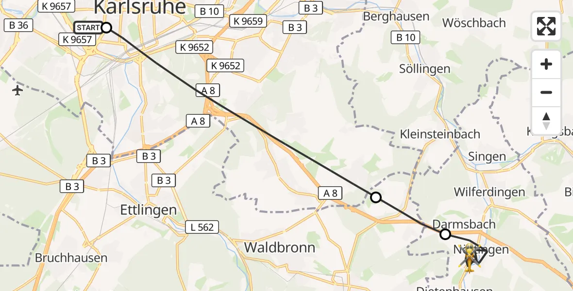Flugroute Rettungshubschrauber Sankt Vincentius Hospital - Remchingen, 29 Mai 2026, 08:49