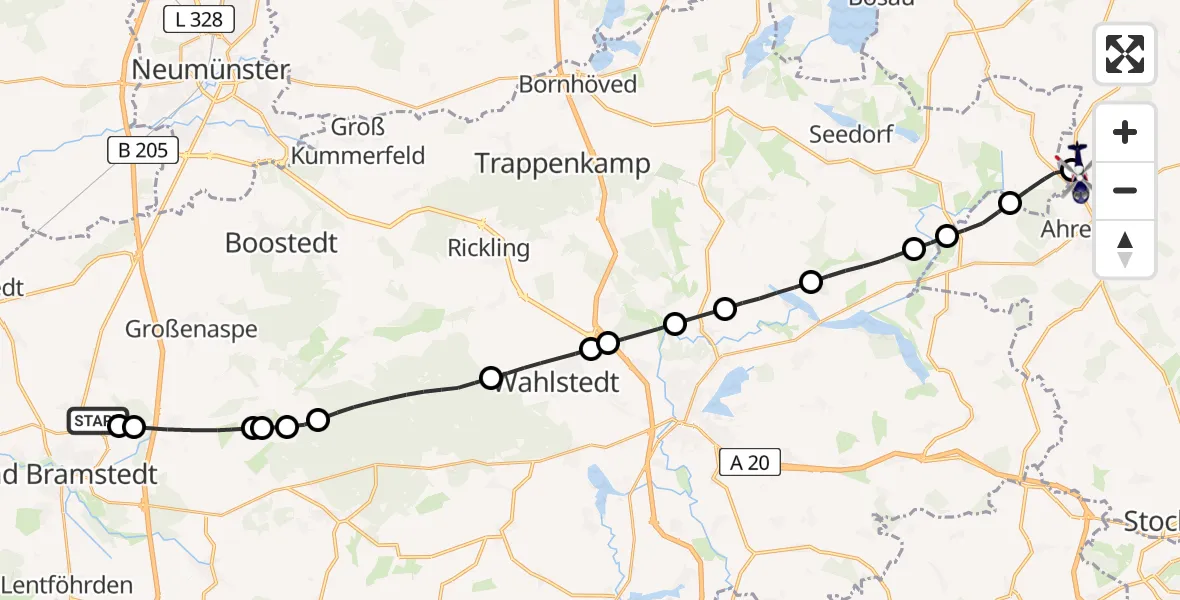 Flugroute Polizeihubschrauber Bad Bramstedt Hubschrauberlandeplatz - Christoph 12 Luftrettungszentrum, 29 Mai 2026, 08:53