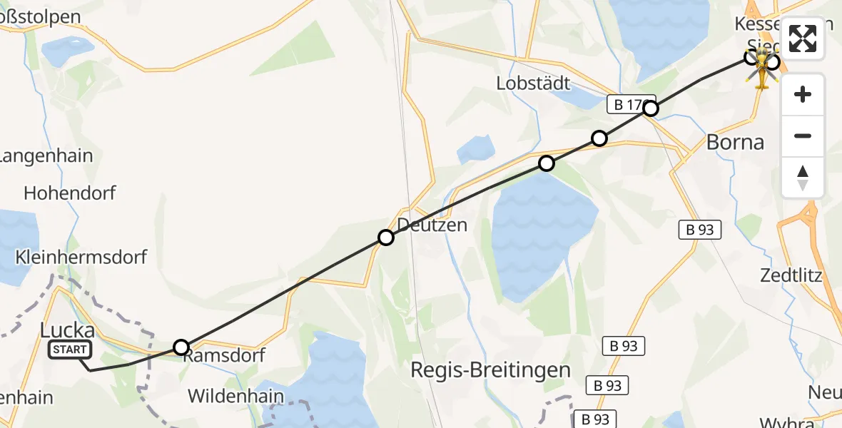 Flugroute Rettungshubschrauber Lucka - Sana Hospital Borna, 29 Mai 2026, 08:56