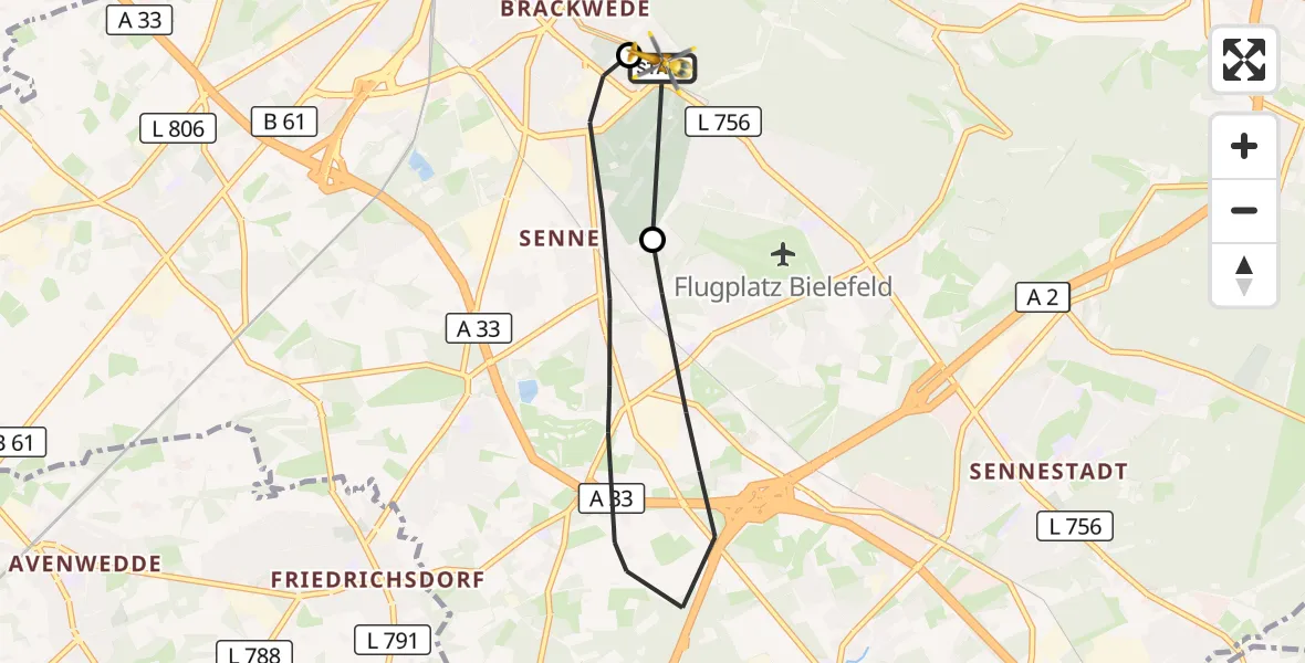 Flugroute Rettungshubschrauber Luftrettungszentrum Bielefeld - Luftrettungszentrum Bielefeld, 29 Mai 2026, 09:01