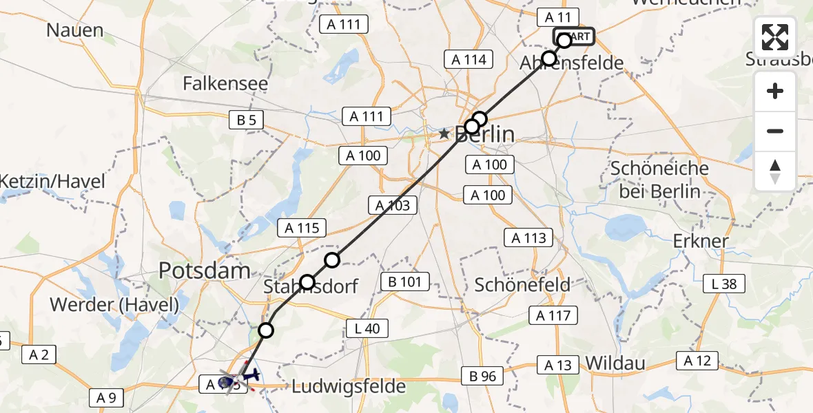 Flugroute Polizeihubschrauber Ahrensfelde Hubschrauberlandeplatz - Nuthetal, 29 Mai 2026, 09:09