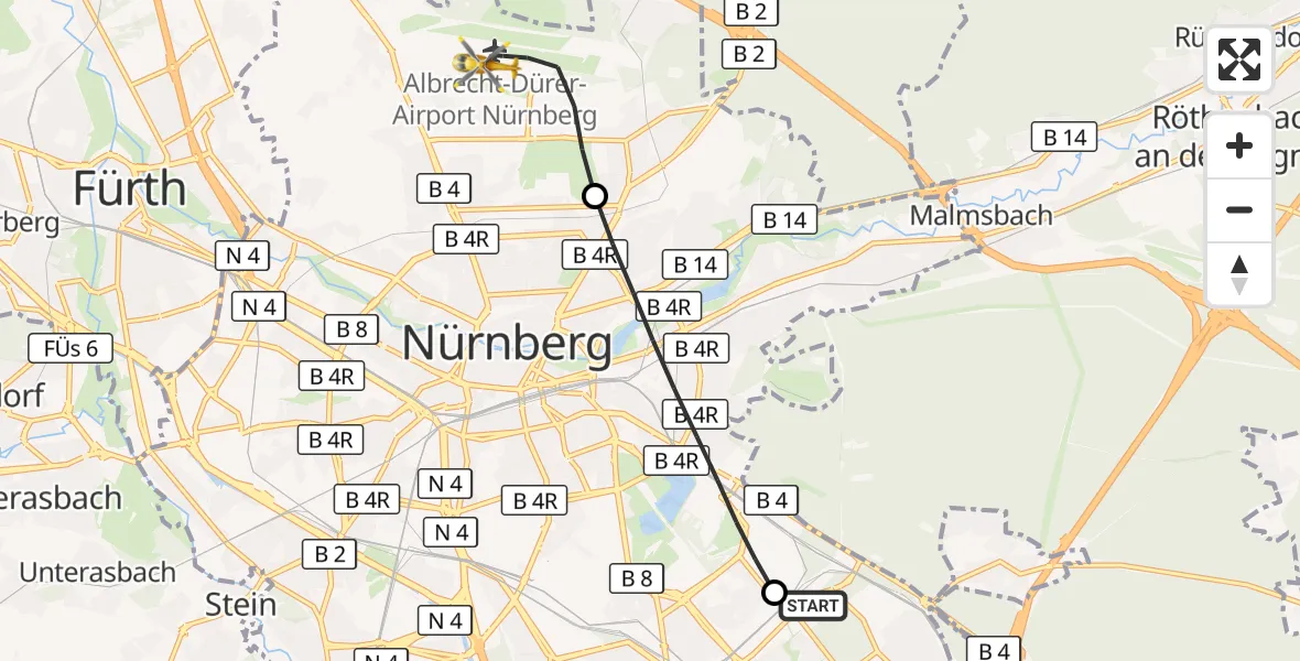 Flugroute Ambulanzhubschrauber Nürnberg South Hospital - Flughafen Nuremberg, 29 Mai 2026, 09:13