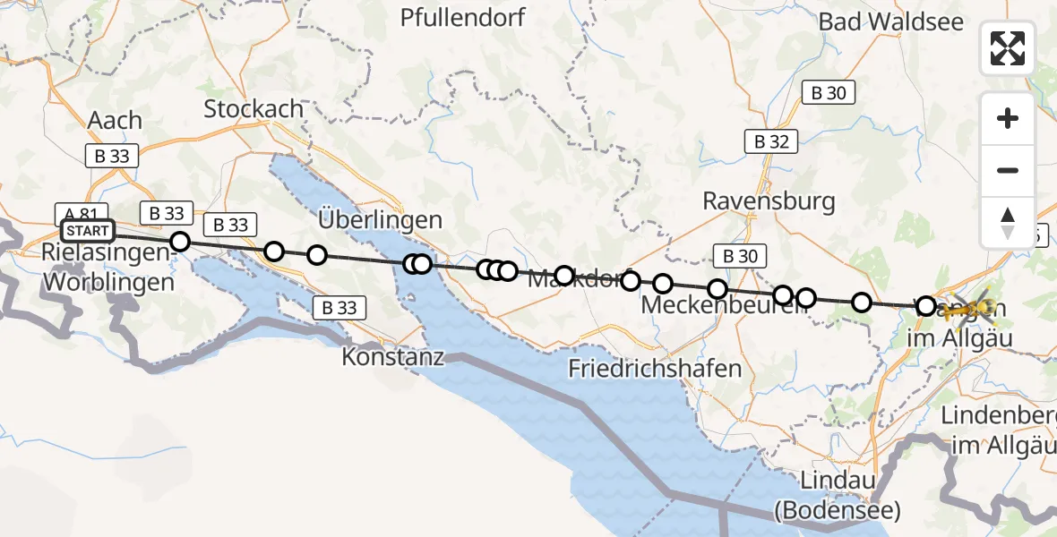 Flugroute Rettungshubschrauber Singen (Hohentwiel) - Westallgäu Clinic Wangen Hubschrauberlandeplatz, 29 Mai 2026, 09:14