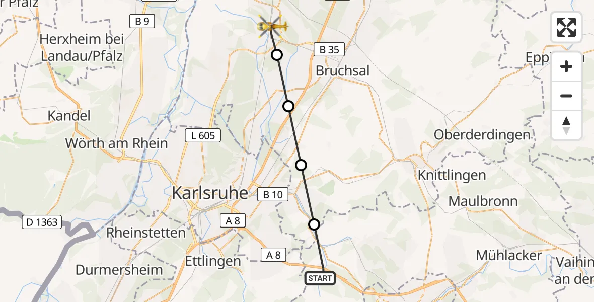 Flugroute Rettungshubschrauber Remchingen - Graben-Neudorf, 29 Mai 2026, 09:18