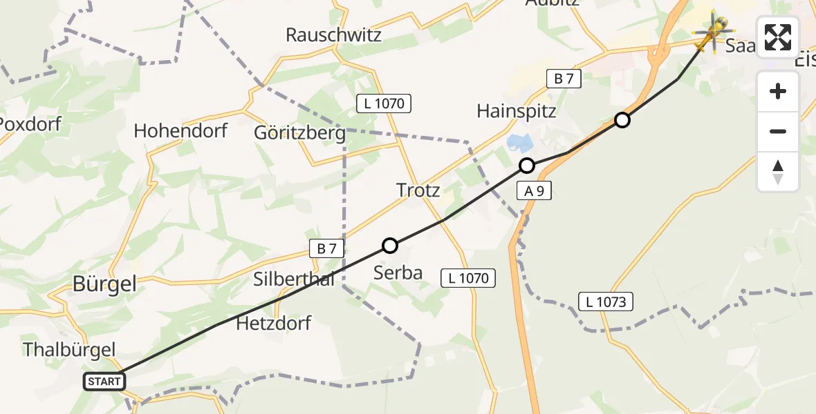 Flugroute Rettungshubschrauber Bürgel - Eisenberg, 29 Mai 2026, 09:18