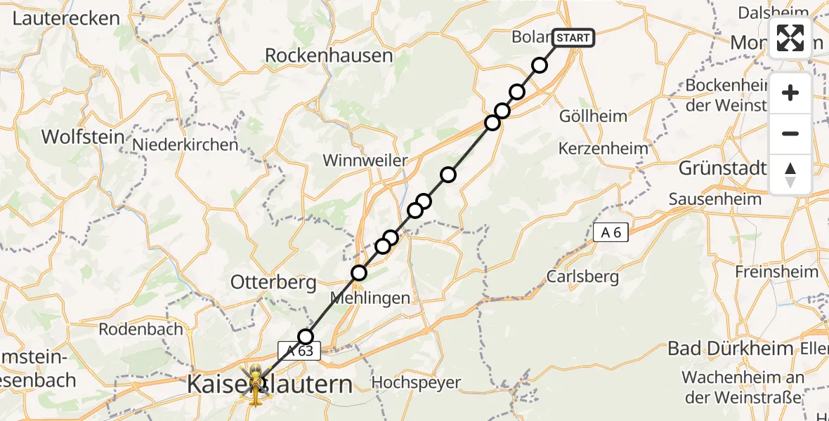 Flugroute Rettungshubschrauber Bolanden - Westpfalz Hospital Kaiserslautern, 29 Mai 2026, 09:20