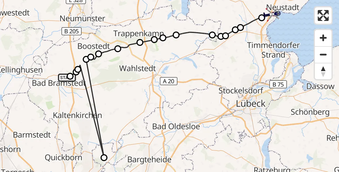 Flugroute Polizeihubschrauber Bad Bramstedt - Sierksdorf, 29 Mai 2026, 09:32