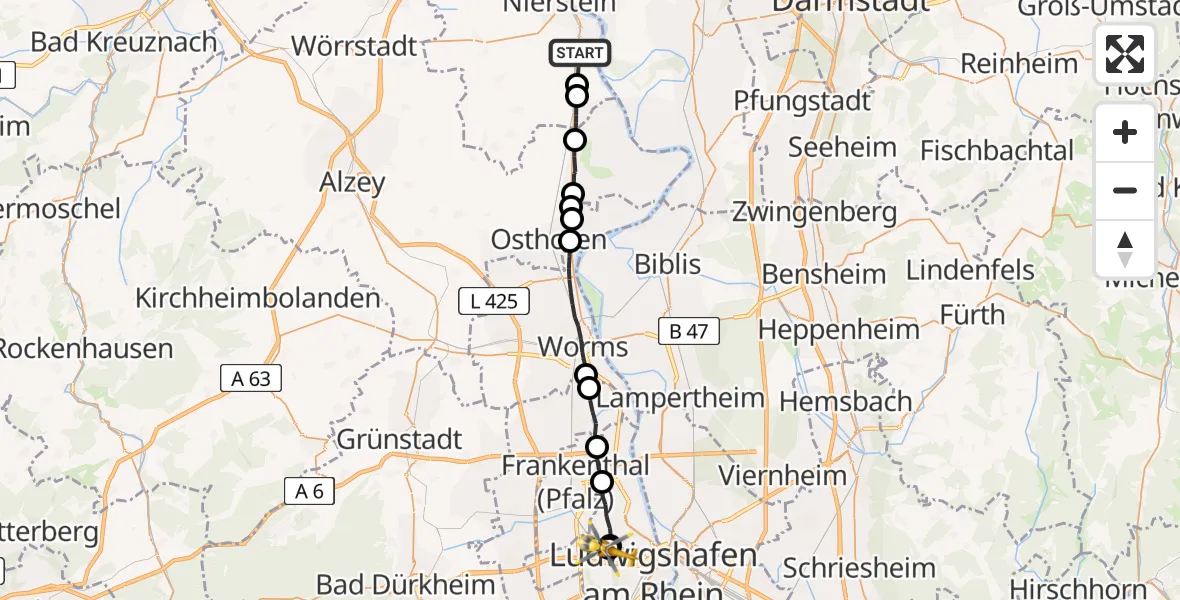 Flugroute Rettungshubschrauber Dienheim - Ludwigshafen Accident Hospital, 29 Mai 2026, 09:32