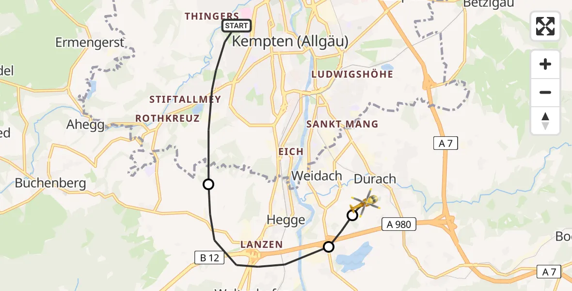 Flugroute Rettungshubschrauber Kempten (Allgäu) - Kempten-Durach Flugplatz, 29 Mai 2026, 09:35