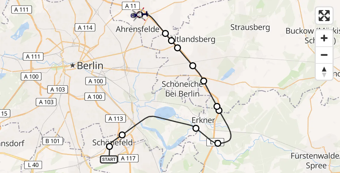 Flugroute Polizeihubschrauber Berlin Brandenburg Flughafen - Ahrensfelde Hubschrauberlandeplatz, 29 Mai 2026, 09:42