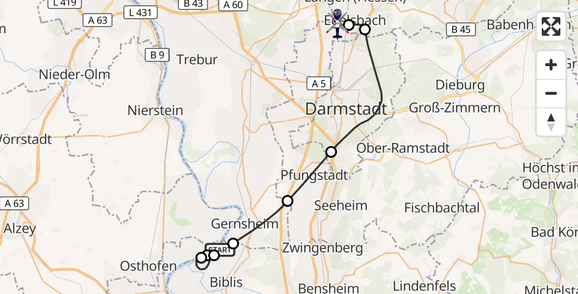 Flugroute Polizeihubschrauber Groß-Rohrheim - Flughafen Frankfurt-Egelsbach, 29 Mai 2026, 09:48