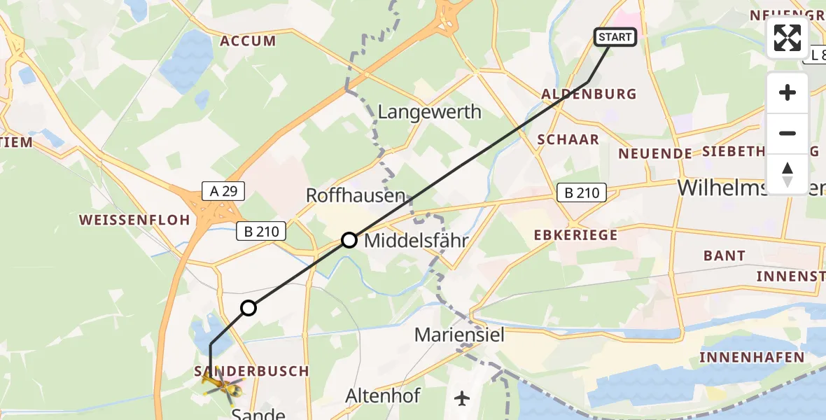 Flugroute Rettungshubschrauber Wilhelmshaven - Sande, 29 Mai 2026, 09:48