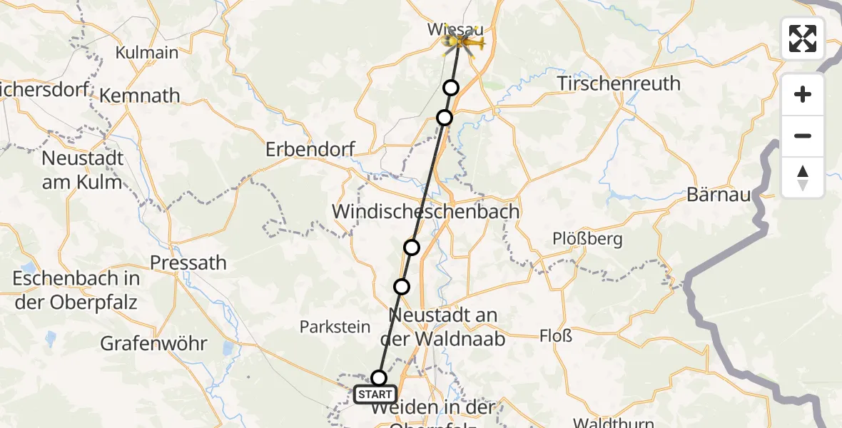 Flugroute Rettungshubschrauber Weiden i.d.OPf. - Wiesau, 29 Mai 2026, 09:50