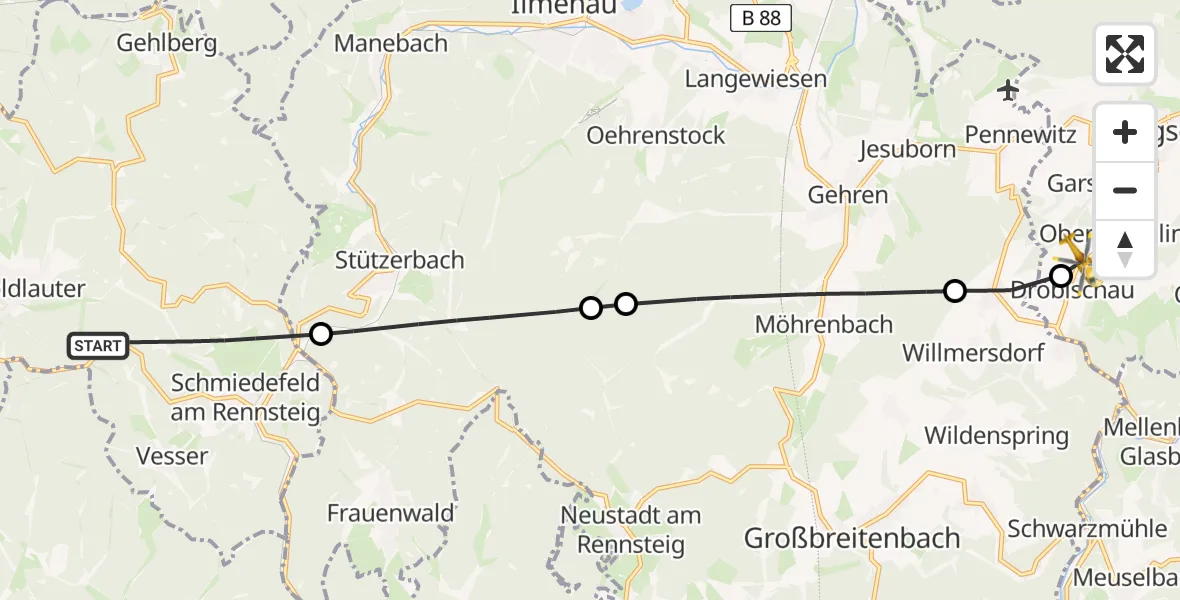 Flugroute Rettungshubschrauber Suhl - Königsee, 29 Mai 2026, 09:55