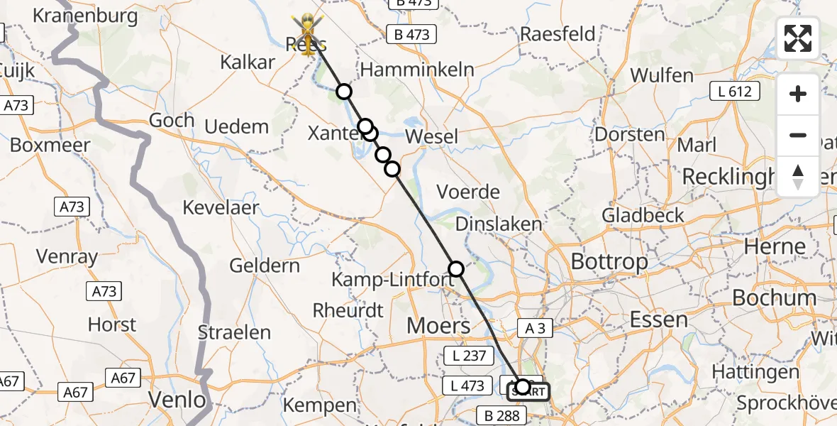 Flugroute Rettungshubschrauber Duisburg Air Rescue Hubschrauberlandeplatz (Christoph 9) - Rees, 29 Mai 2026, 09:55
