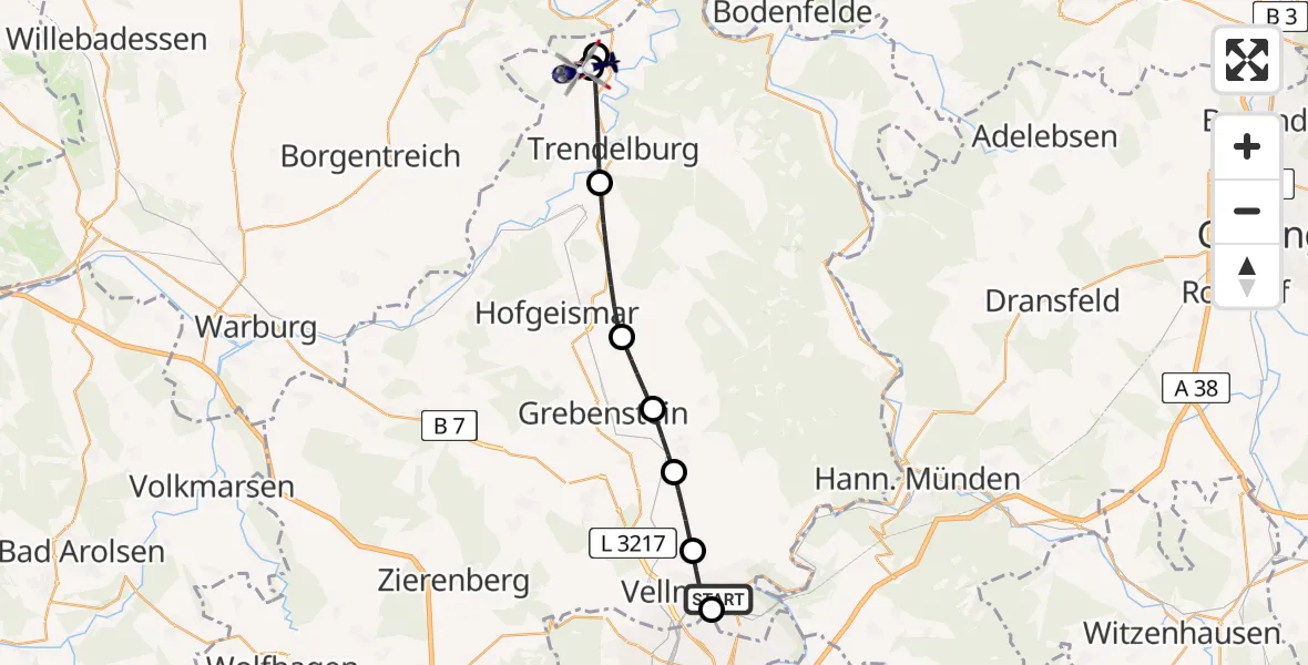 Flugroute Polizeihubschrauber Fuldatal Bundespolizei Hubschrauberlandeplatz - Hölleberg Flugplatz, 29 Mai 2026, 09:58