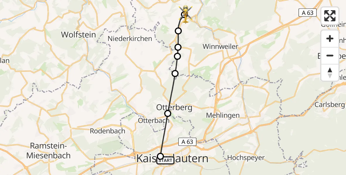 Flugroute Rettungshubschrauber Westpfalz Hospital Kaiserslautern - Imsweiler UL, 29 Mai 2026, 09:58