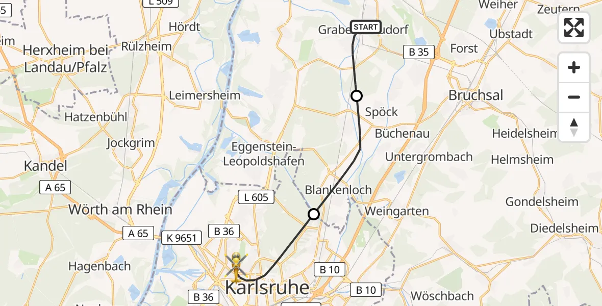 Flugroute Rettungshubschrauber Graben-Neudorf - Karlsruhe, 29 Mai 2026, 10:03