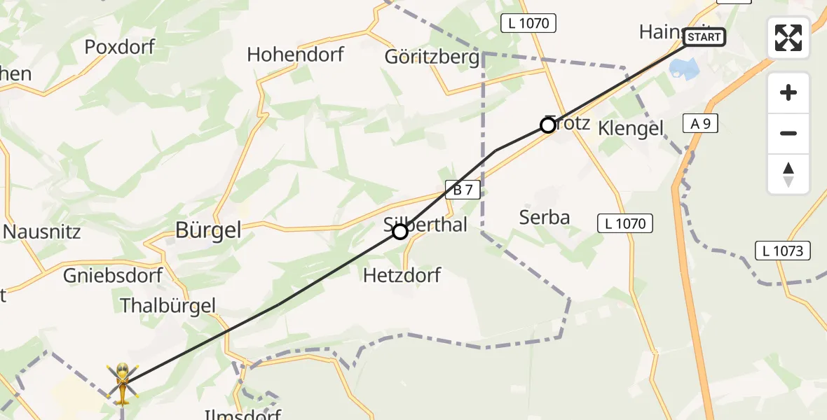 Flugroute Rettungshubschrauber Hainspitz - Bürgel, 29 Mai 2026, 10:10