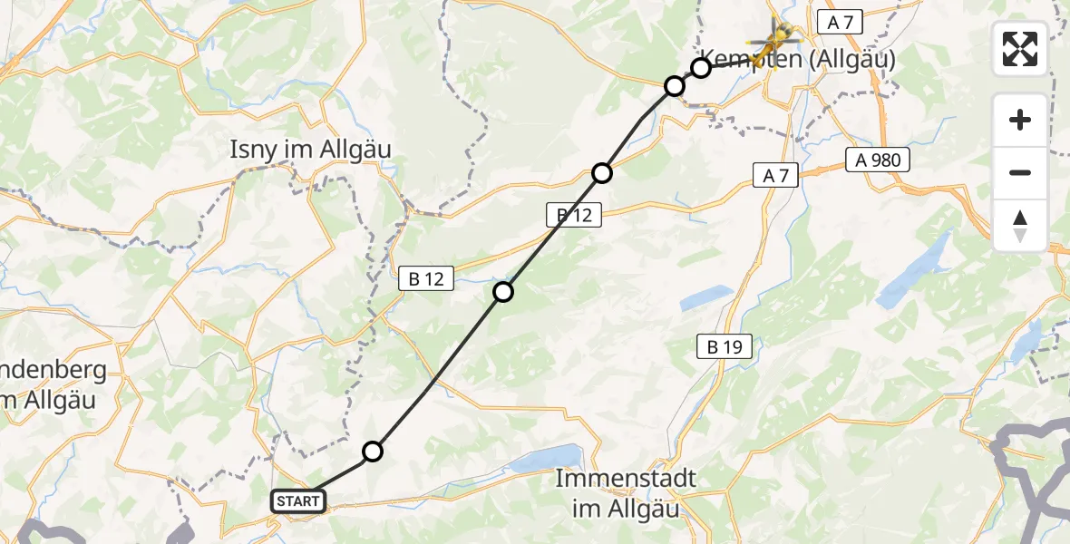 Flugroute Rettungshubschrauber Oberstaufen - Kempten (Allgäu), 29 Mai 2026, 10:13