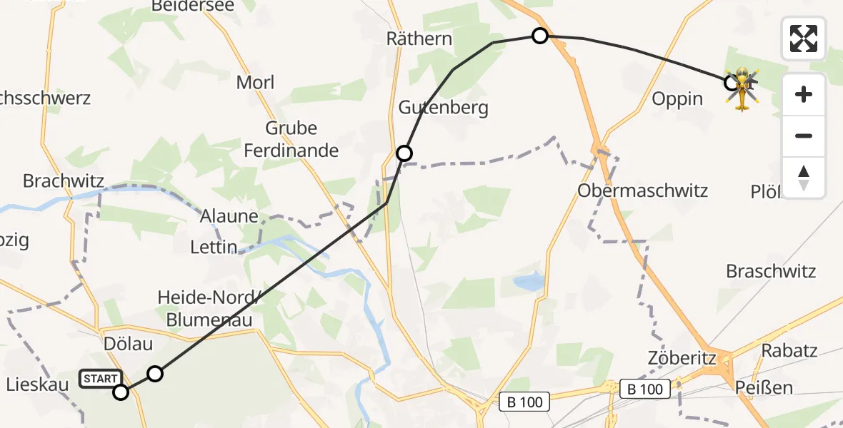 Flugroute Rettungshubschrauber Martha-Maria Halle-Dölau Hospital - Halle-Oppin Flugplatz, 29 Mai 2026, 10:15