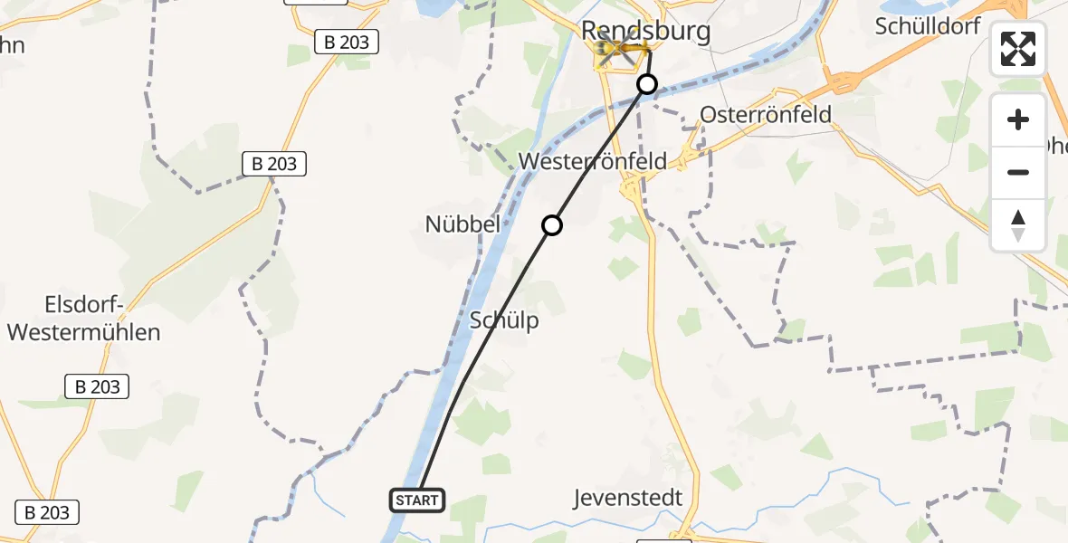 Flugroute Ambulanzhubschrauber Schülp b.Rendsburg - Rendsburg, 29 Mai 2026, 10:17