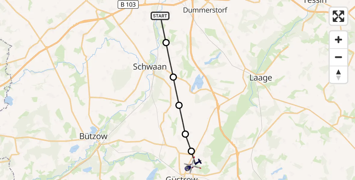 Flugroute Polizeihubschrauber Dummerstorf - Güstrow, 29 Mai 2026, 10:34