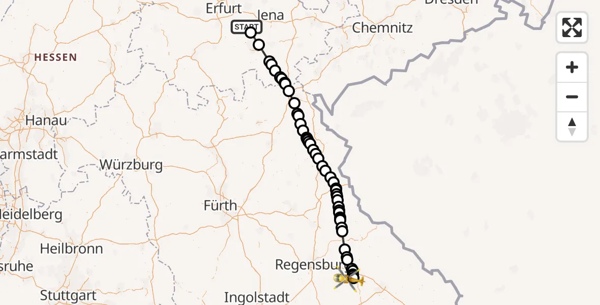 Flugroute Ambulanzhubschrauber Blankenhain - Straubing, 29 Mai 2026, 10:34