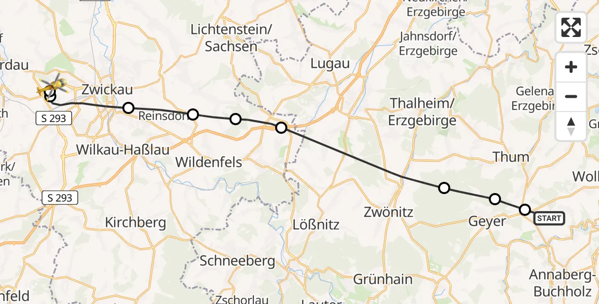 Flugroute Rettungshubschrauber Thermalbad Wiesenbad - ADAC Air Rescue Station Zwickau Hubschrauberlandeplatz, 29 Mai 2026, 10:37