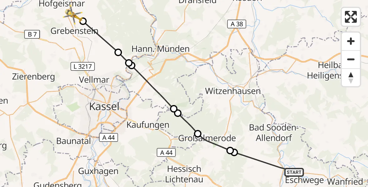 Flugroute Rettungshubschrauber Eschwege - Grebenstein, 29 Mai 2026, 10:40