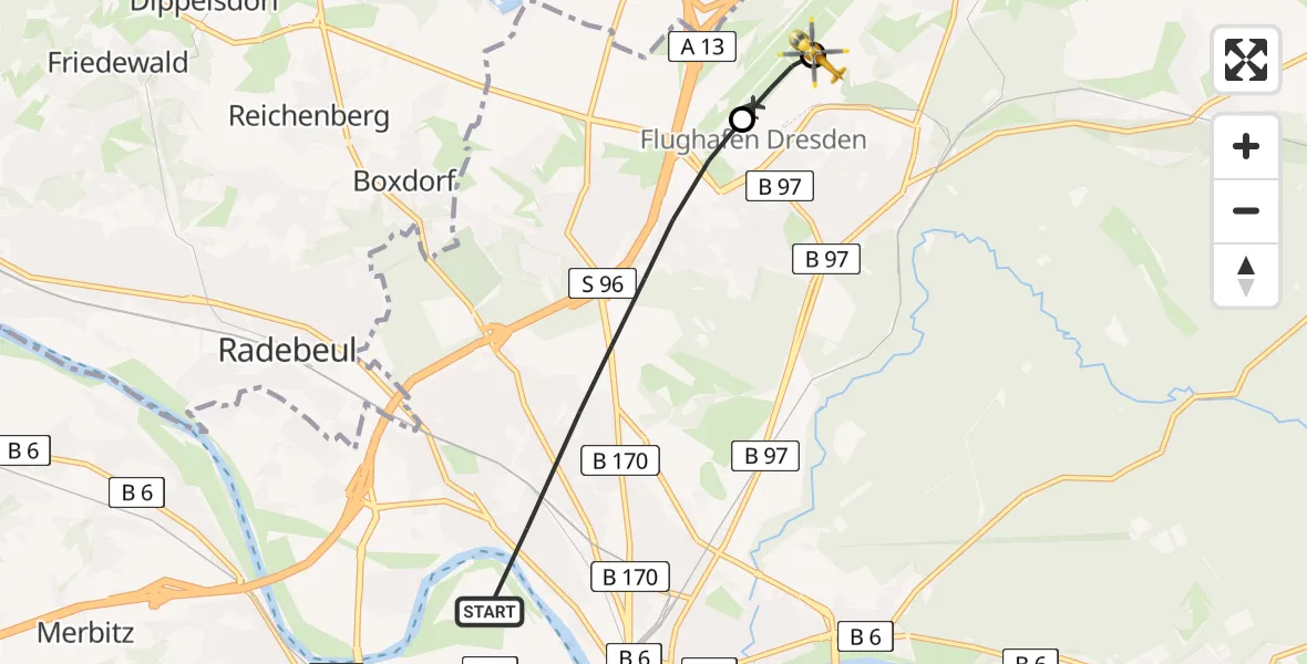 Flugroute Rettungshubschrauber Dresden - Dresden Bundespolizei Hubschrauberlandeplatz, 29 Mai 2026, 10:44