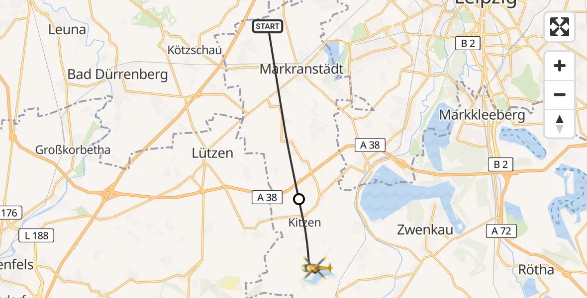 Flugroute Rettungshubschrauber Markranstädt - Pegau, 29 Mai 2026, 10:44