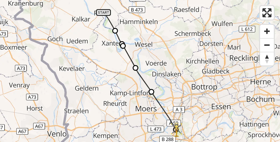 Flugroute Rettungshubschrauber Rees - Duisburg Air Rescue Hubschrauberlandeplatz (Christoph 9), 29 Mai 2026, 10:47