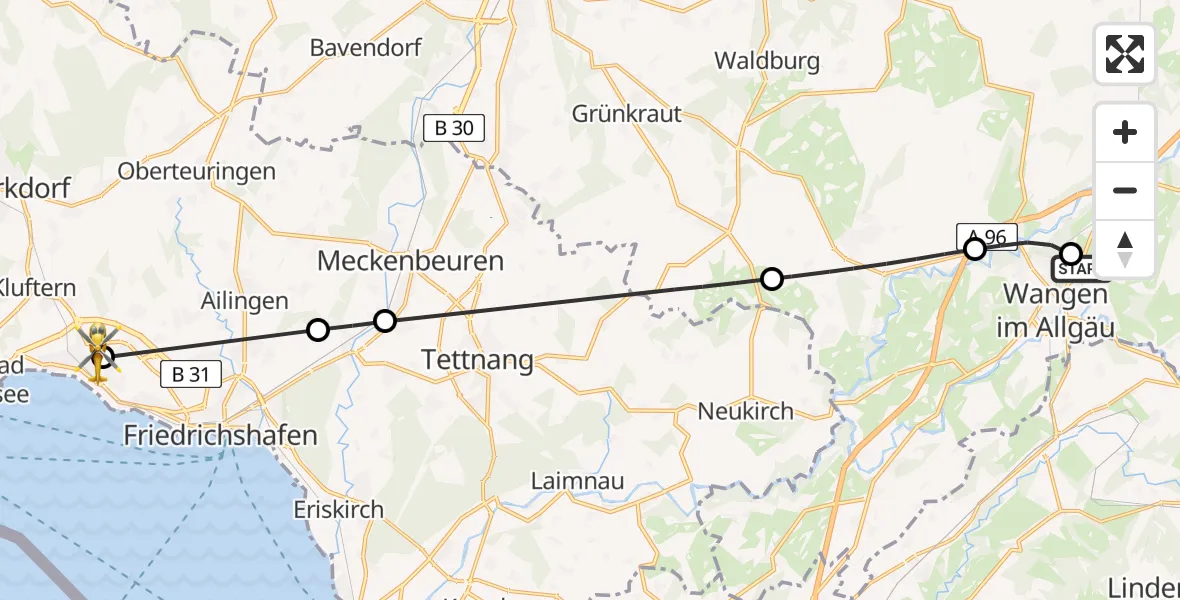 Flugroute Rettungshubschrauber Westallgäu Clinic Wangen Hubschrauberlandeplatz - Friedrichshafen Hospital, 29 Mai 2026, 10:48
