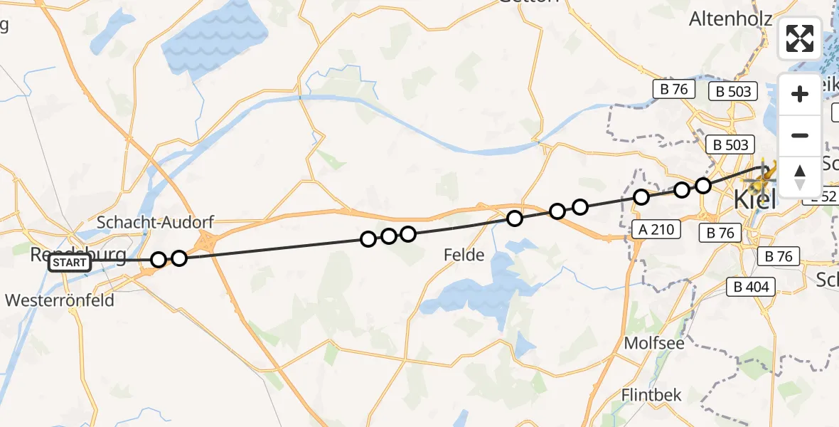 Flugroute Ambulanzhubschrauber Rendsburg - Kiel, 29 Mai 2026, 10:51