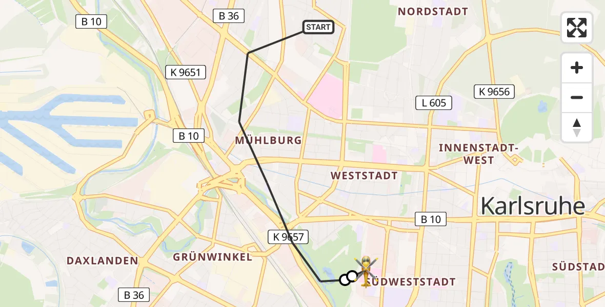 Flugroute Rettungshubschrauber Karlsruhe - Sankt Vincentius Hospital, 29 Mai 2026, 10:57