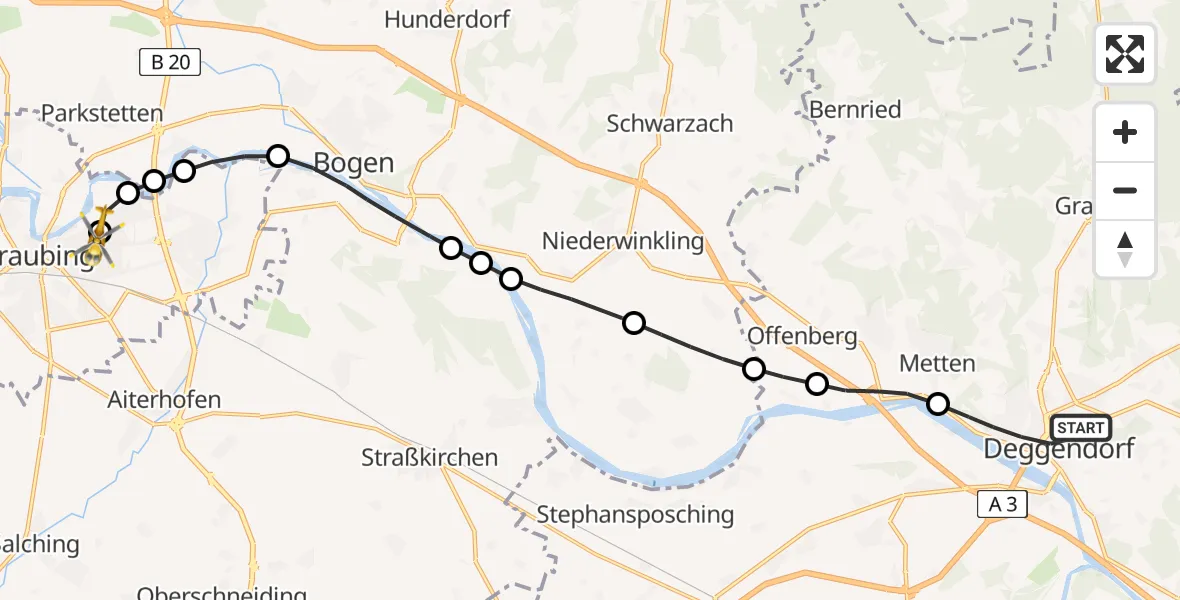 Flugroute Rettungshubschrauber Deggendorf - Sankt Elisabeth Hospital Straubing Hubschrauberlandeplatz, 29 Mai 2026, 11:07