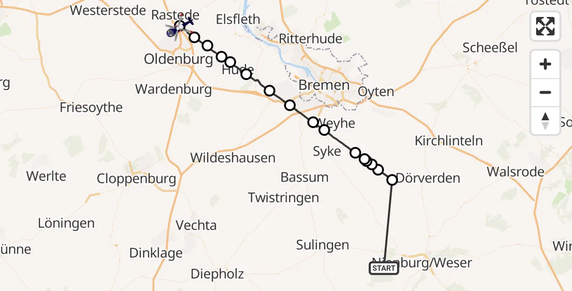 Flugroute Polizeihubschrauber Liebenau - Oldenburg Police Hubschrauberlandeplatz, 29 Mai 2026, 11:10