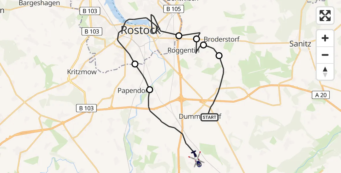 Flugroute Polizeihubschrauber Dummerstorf - Dummerstorf, 29 Mai 2026, 11:24