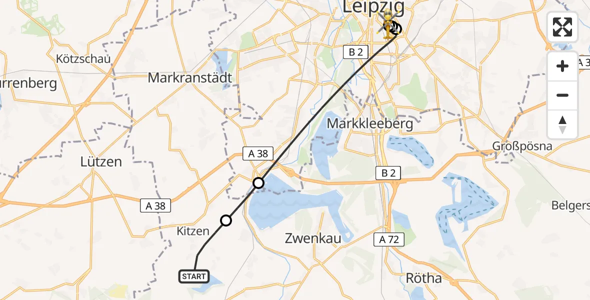 Flugroute Rettungshubschrauber Pegau - Leipzig University Hospital Heliport 1, 29 Mai 2026, 11:28