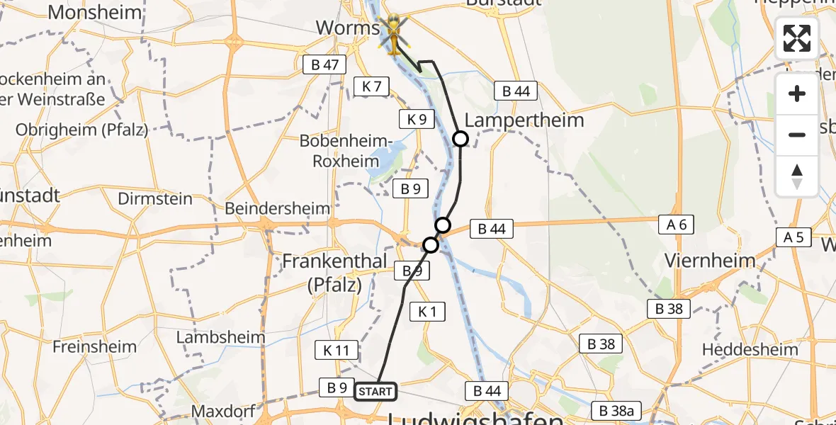 Flugroute Rettungshubschrauber Ludwigshafen am Rhein - Lampertheim, 29 Mai 2026, 11:35