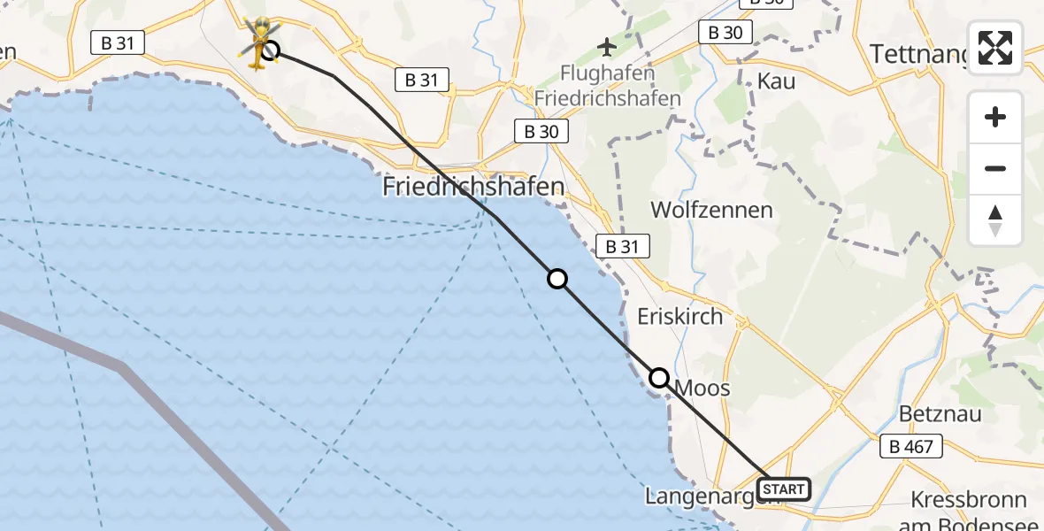 Flugroute Rettungshubschrauber Langenargen - Friedrichshafen Hospital, 29 Mai 2026, 11:39