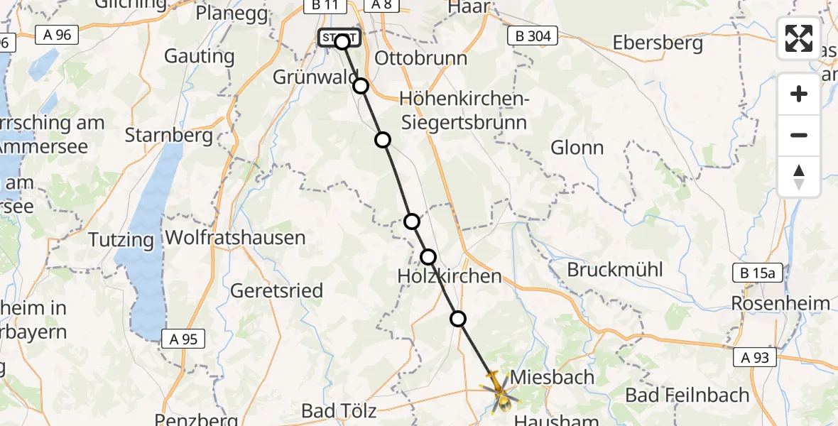 Flugroute Rettungshubschrauber ADAC Air Rescue Center Hubschrauberlandeplatz (Christoph 1) - Warngau, 29 Mai 2026, 12:10